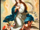 an image of a painting of the virgin surrounded by angels