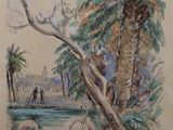 un tableau représentant un groupe de personnes marchant au bord d'une rivière
