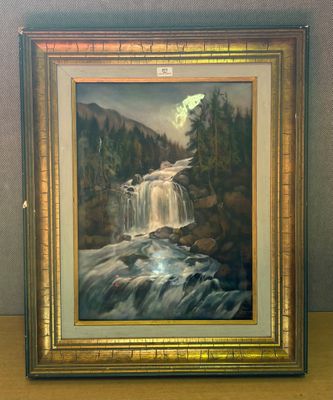 tableau représentant une cascade, dans un cadre doré, avec une pleine lune