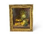painting of a still life of fruit and flowers in a gold frame