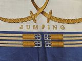 a blue and white towel with a picture of a pair of swords on it