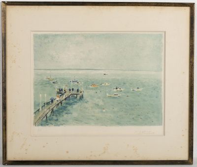 aquarelle encadrée représentant une jetée avec des bateaux et des personnes sur l'eau