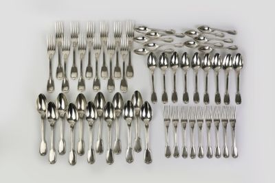 many forks and spoons laid out on the table