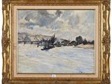 une peinture à l'huile représentant un paysage enneigé avec un village au loin
