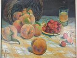 a painting of a basket of peaches and cherries on a table
