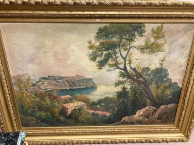 tableau représentant une vue d'une baie, avec un arbre au premier plan et un bâtiment à l'arrière-plan