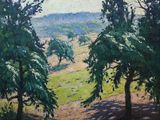 an oil painting of trees in a field with hills in the background