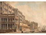 painting of a view of a city street with a boat in the foreground