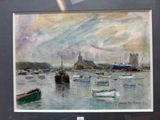 a painting of boats in the water with a castle in the background