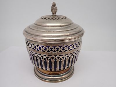 Sucrier en argent minerve ajouré, et verrine en verre bleu, poids sans - Photo 1