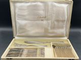 a set of silverware in a case on a table