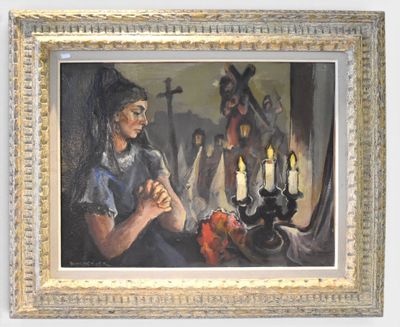 a painting of a woman sitting in front of a candle