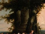 a painting of a group of people gathered around a tree