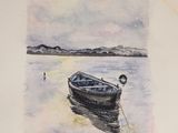 a painting of a boat on the water with a boat in the background