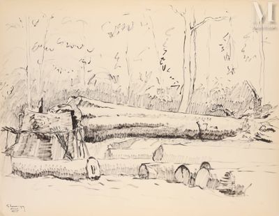 dessin représentant un homme debout sur une bûche dans les bois