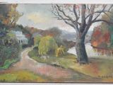 an image of a painting of a country road with a house in the background
