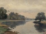 painting of a river with trees in the distance and a sky in the background