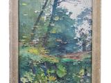 a painting of trees and water in a frame on a white background