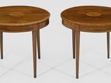 two small tables with wooden tops and legs on a white background