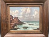 a painting of a beach scene with rocks and water