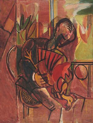 tableau représentant un homme assis sur une chaise, tenant un éventail