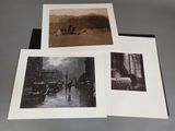 three old black and white photos of a city street with a mountain in the background