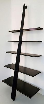 an image of a black book shelf in a room