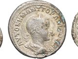 three ancient roman coins, one of which has a bust and the other of which is a bust