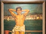 un tableau représentant un homme et une femme sur un bateau