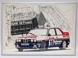 peinture représentant une voiture de course BMW M1 Power, avec un moteur en arrière-plan