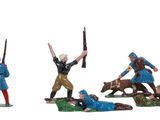 many figurines of men with guns and dogs