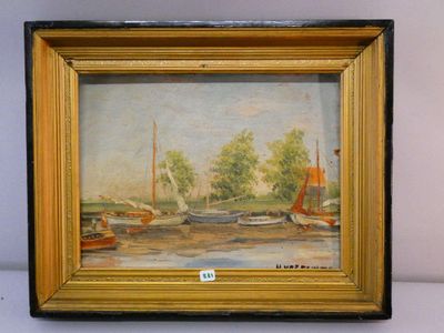 une peinture à l'huile représentant des bateaux sur une rivière, avec des arbres en arrière-plan