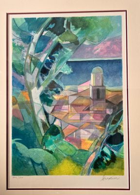 une image représentant une aquarelle représentant une vue d'un village