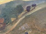 painting of a man walking down a dirt road with a horse in the distance