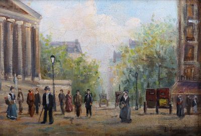 une peinture représentant une scène de rue avec des personnes marchant sur le trottoir