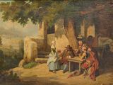 tableau représentant un groupe de personnes jouant aux dames