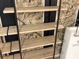 the shelves are made of wood and metal