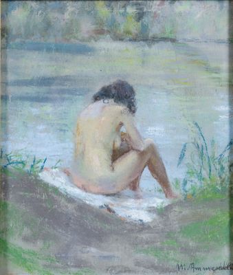 an oil painting of a naked man sitting on a towel by a river