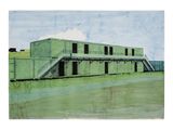 tableau représentant un bâtiment vert avec un escalier qui y mène