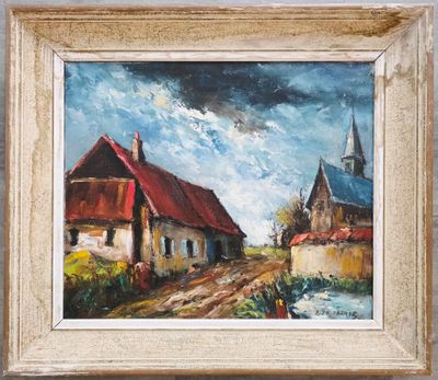 une peinture à l'huile représentant une scène de village avec une église en arrière-plan