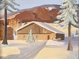 tableau représentant un paysage enneigé avec une grange et des arbres au premier plan