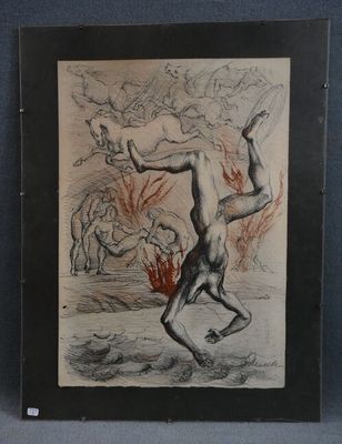 dessin représentant un homme tenant un couteau à la main, avec un feu en arrière-plan