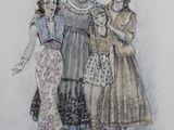 drawing of three women and a child standing in front of a white wall