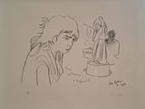 dessin représentant une femme regardant la statue d'un homme