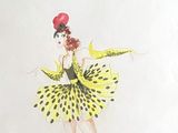 un dessin représentant une femme vêtue d'une robe jaune et d'un chapeau rouge