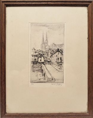 an image of a drawing of a town with a church in the background