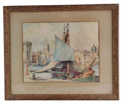 painting of a sailboat in a harbor with a city in the background