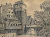 un dessin représentant un château avec un pont enjambant une rivière