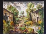 a painting of an old farm with a stream running through it