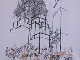 une image représentant un dessin d'un bâtiment avec un soleil rouge en arrière-plan